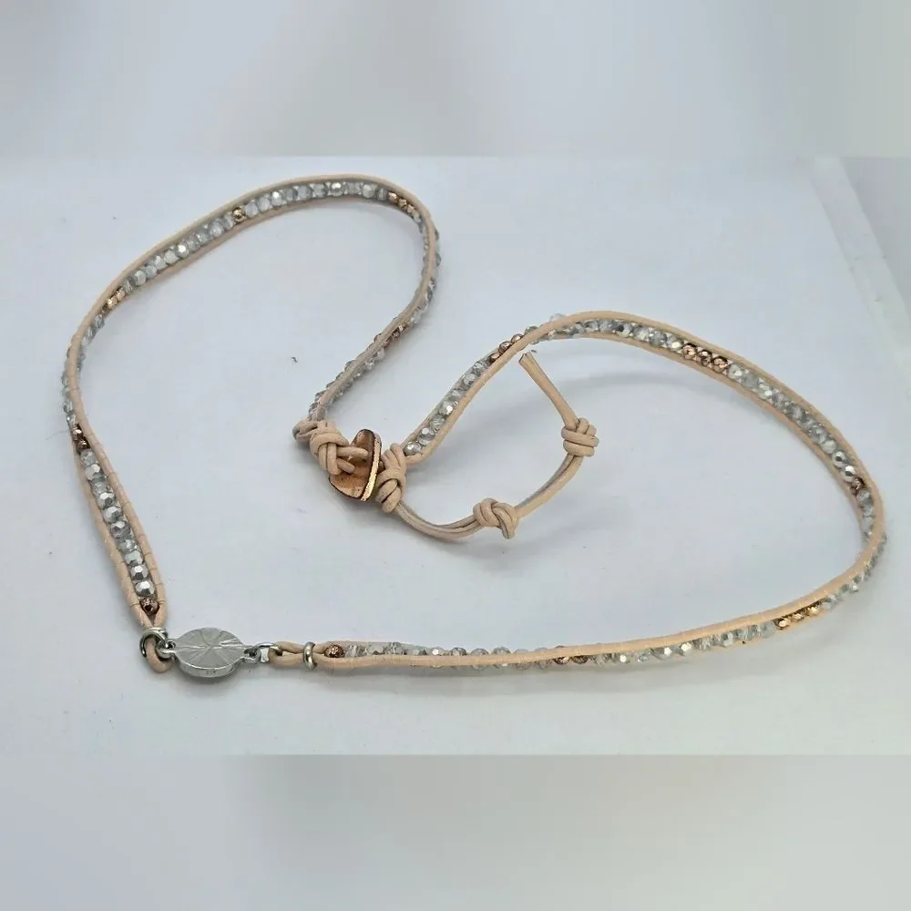 Pave Crystal Beaded Pink Leather Necklace Wrap Bracelet | Chan Luu Style Boho